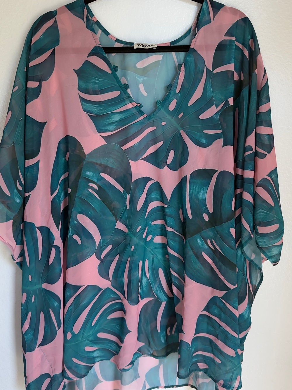 Tropical Leaf Print cover up - Teal & Pink